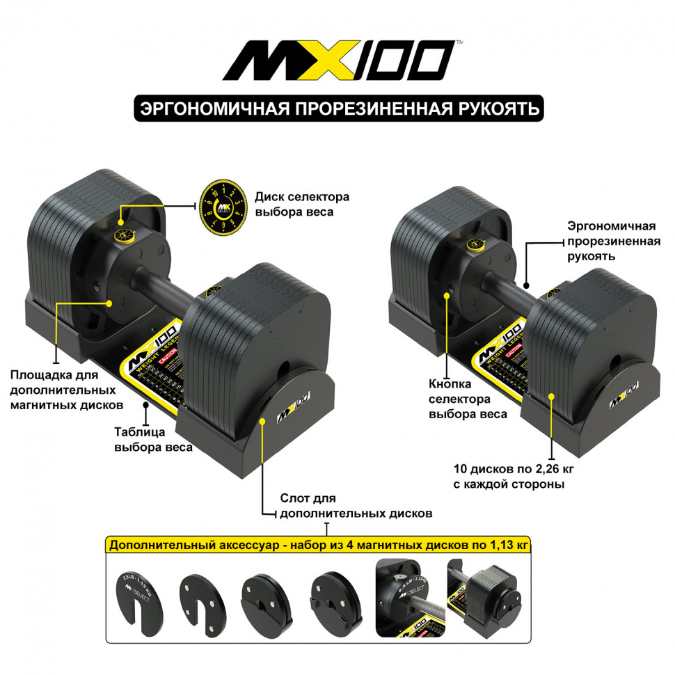 Гантель регулируемая MX Select MX100 EVO, эргономичная прорезиненная рукоять, вес 5.9-45.4 кг, 1 шт